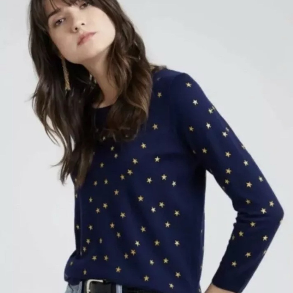 J. Crew Tippi Navy Merino Sweater Embroidered Gold Stars XS EUC